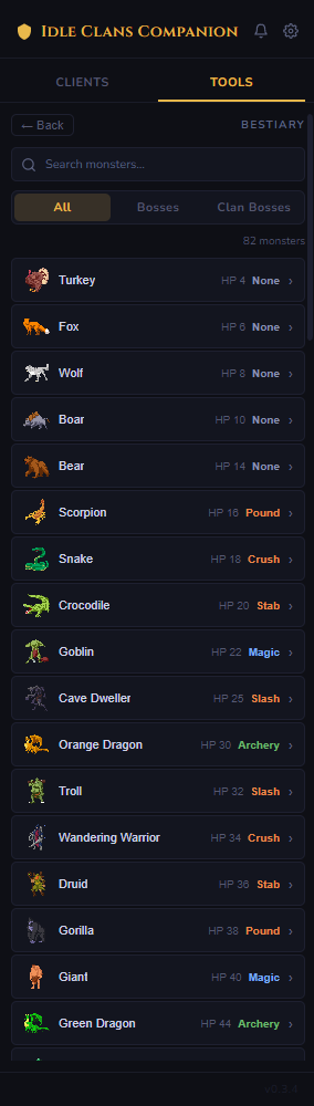 Idle Clans Companion — bestiary
