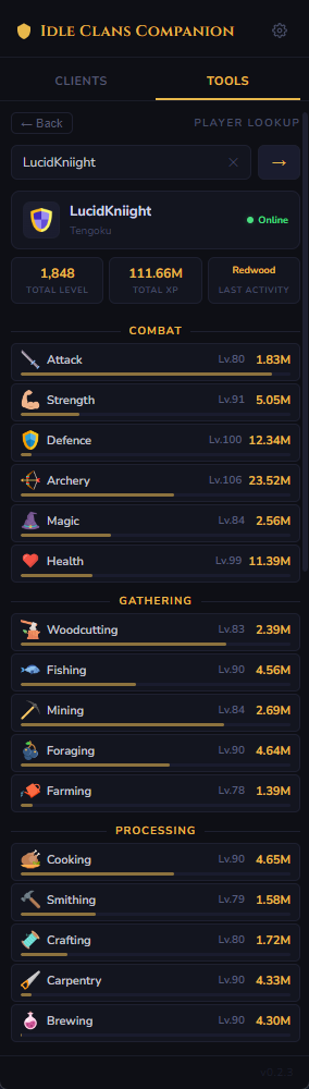 Idle Clans Companion — player lookup